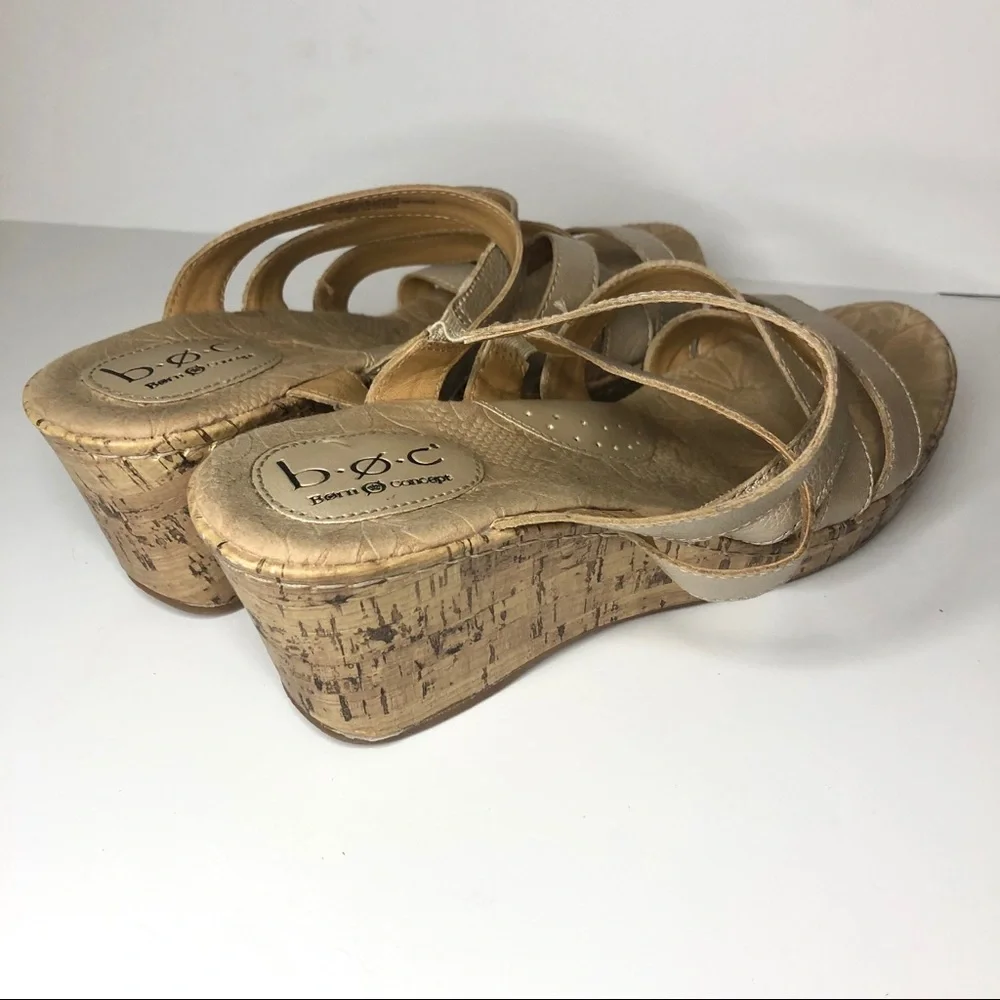boc Metallic‎ Rose Gold Leather Strappy Cork Open Toe Slide Wedge Sandal 10
